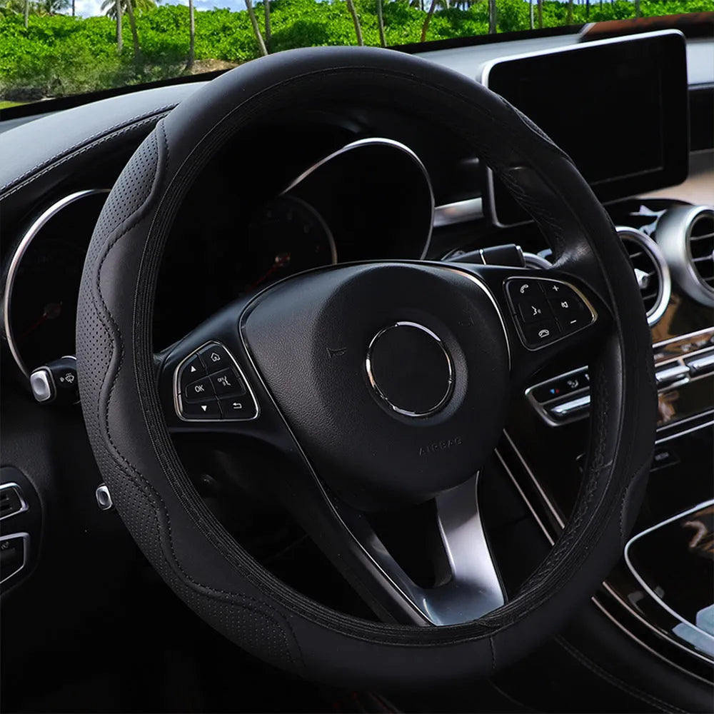 Elastic PU leather steering wheel cover with corrugated texture in multiple colour options.