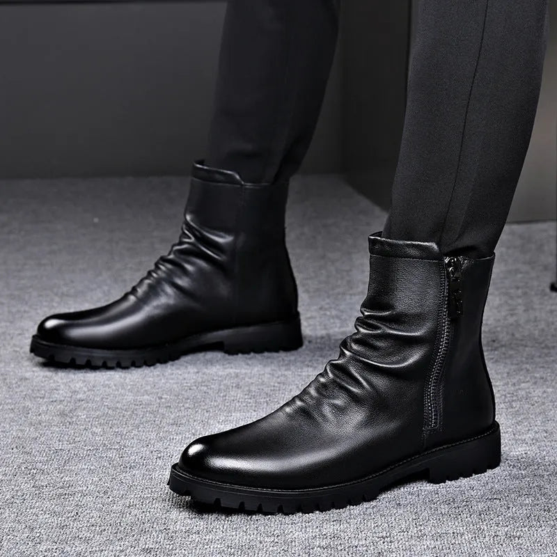 Men's high-top zipper Martin leather boots in black patent leather, side view showing side zipper and low wedge heel