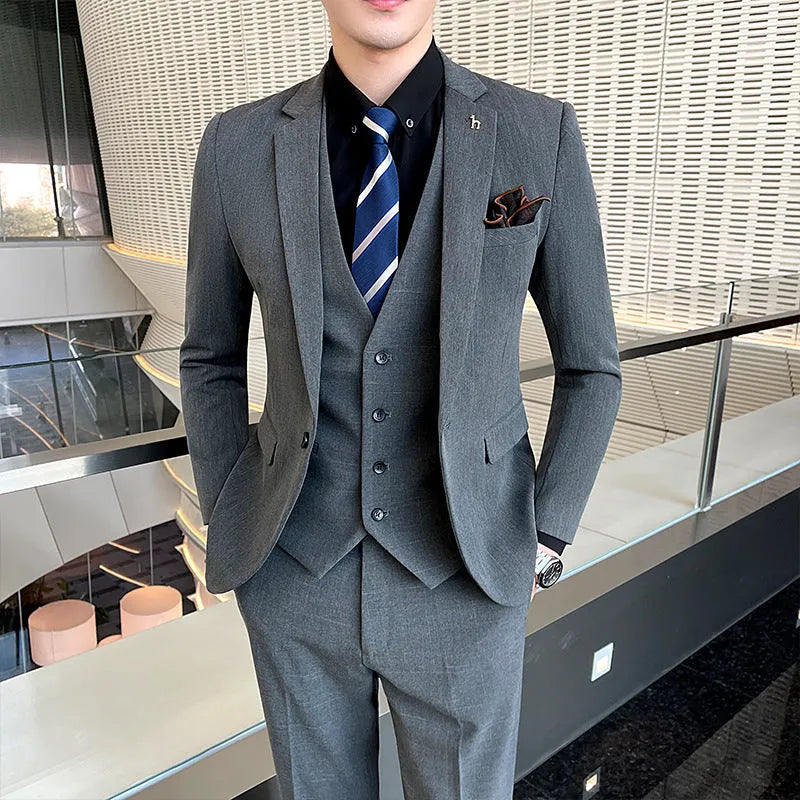 Men's slim fit business suit in black cotton blend fabric with structured tailoring