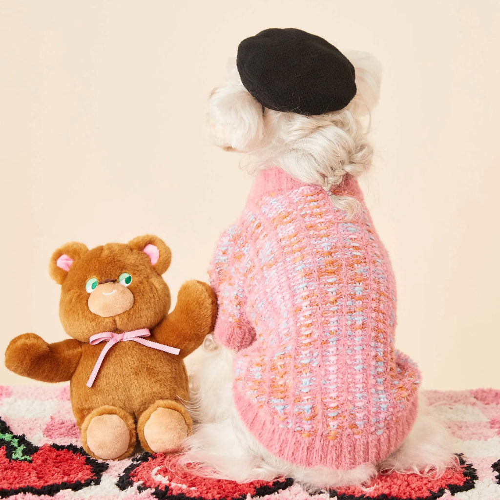 Wool pet cardigan sweater in pink and purple for female dogs, sizes XS to 2XL