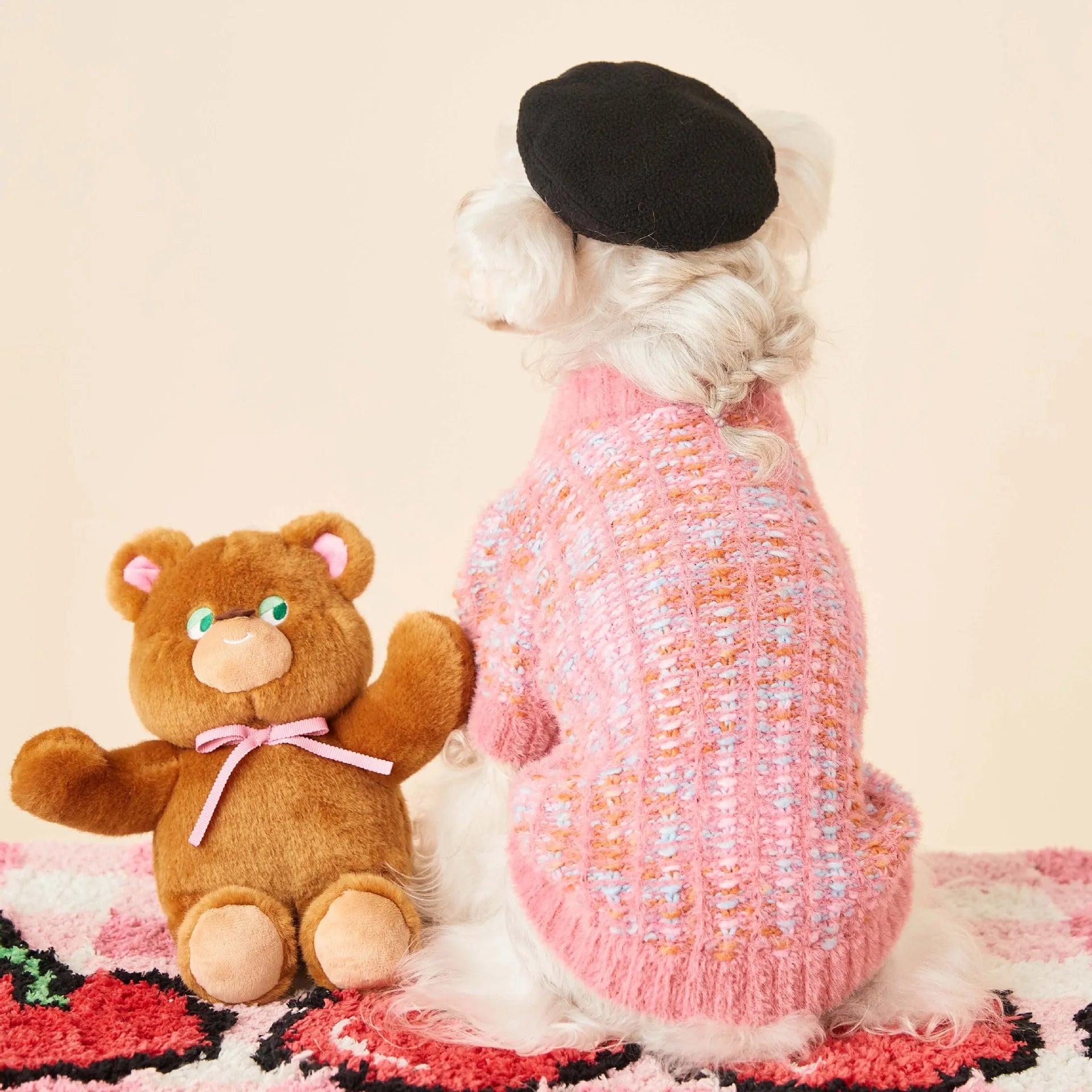 Wool pet cardigan sweater in pink and purple for female dogs, sizes XS to 2XL