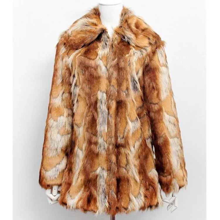 Women's tiger pattern faux fur leather jacket with slim fit and 65cm medium length