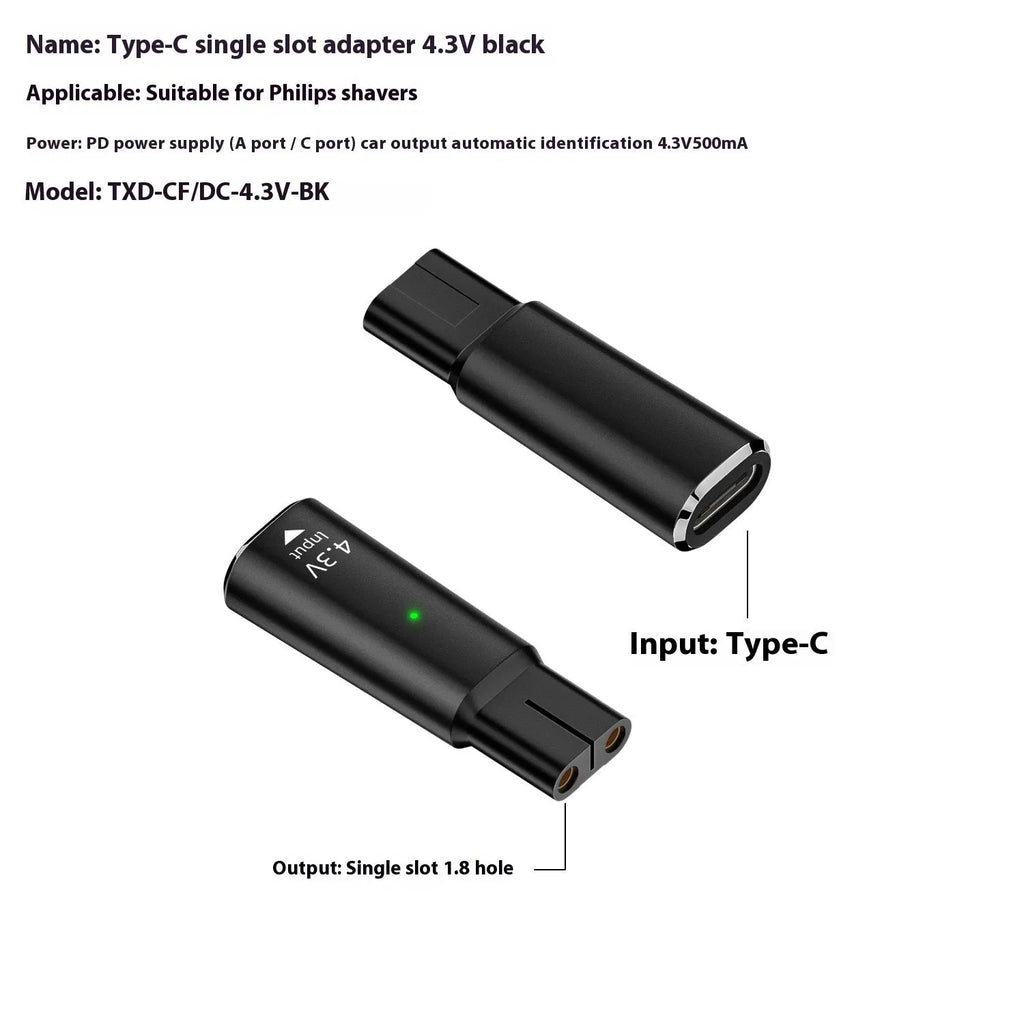 USB-C charging adapter for electric shavers with aluminium alloy housing in black and grey options