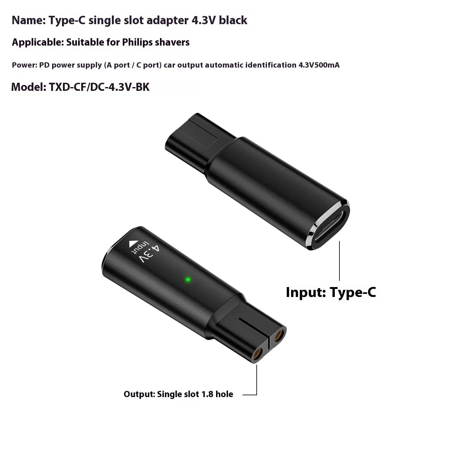 USB-C charging adapter for electric shavers with aluminium alloy housing in black and grey options