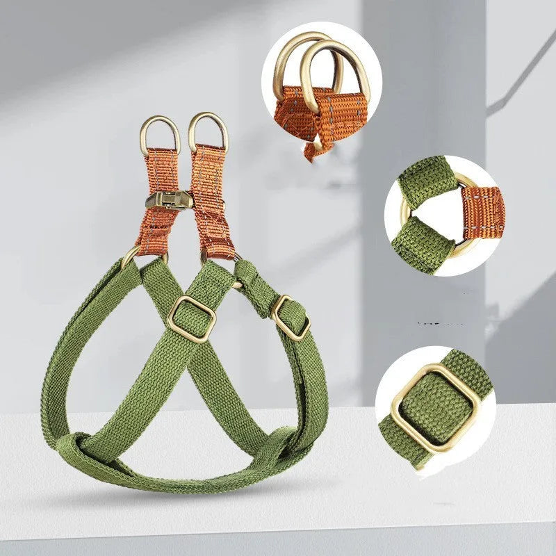 Brown vest style dog leash with anti-loss clip shown on a dog, with adjustable straps and alloy fastener.