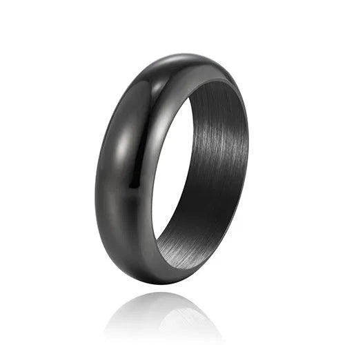 Glossy electroplated titanium steel ring shown in gold, black, and steel colour on a size chart from 7 to 12.
