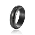 Glossy electroplated titanium steel ring shown in gold, black, and steel colour on a size chart from 7 to 12.