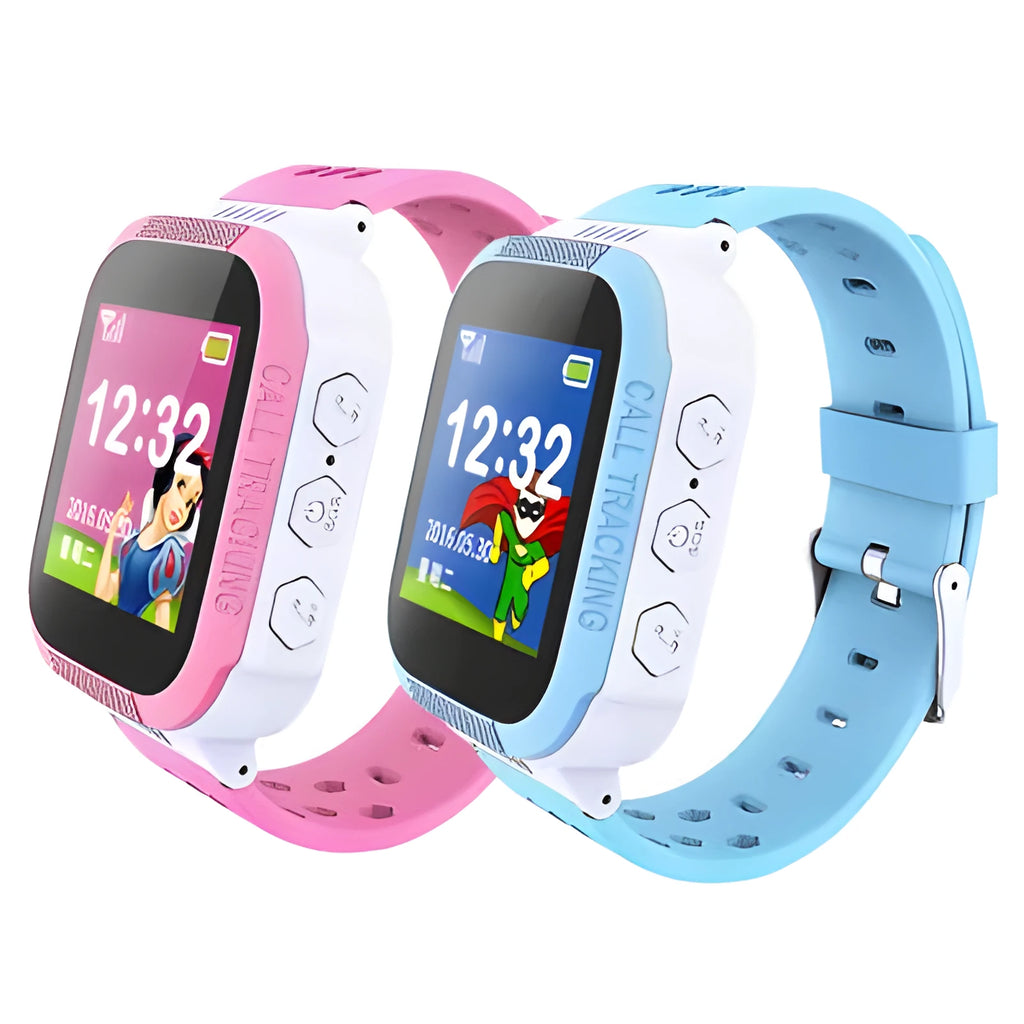 Blue and pink children's smartwatch showing a 1.44-inch IPS touchscreen display on a wrist.