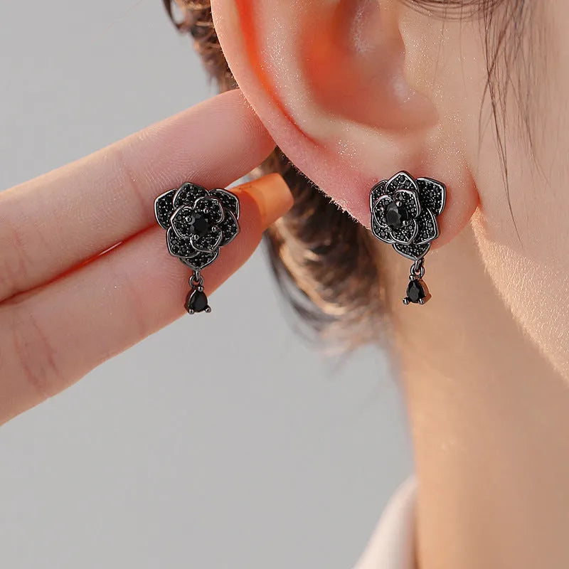 18K black rose zircon flower stud earrings for women, copper electroplated with cubic zirconia
