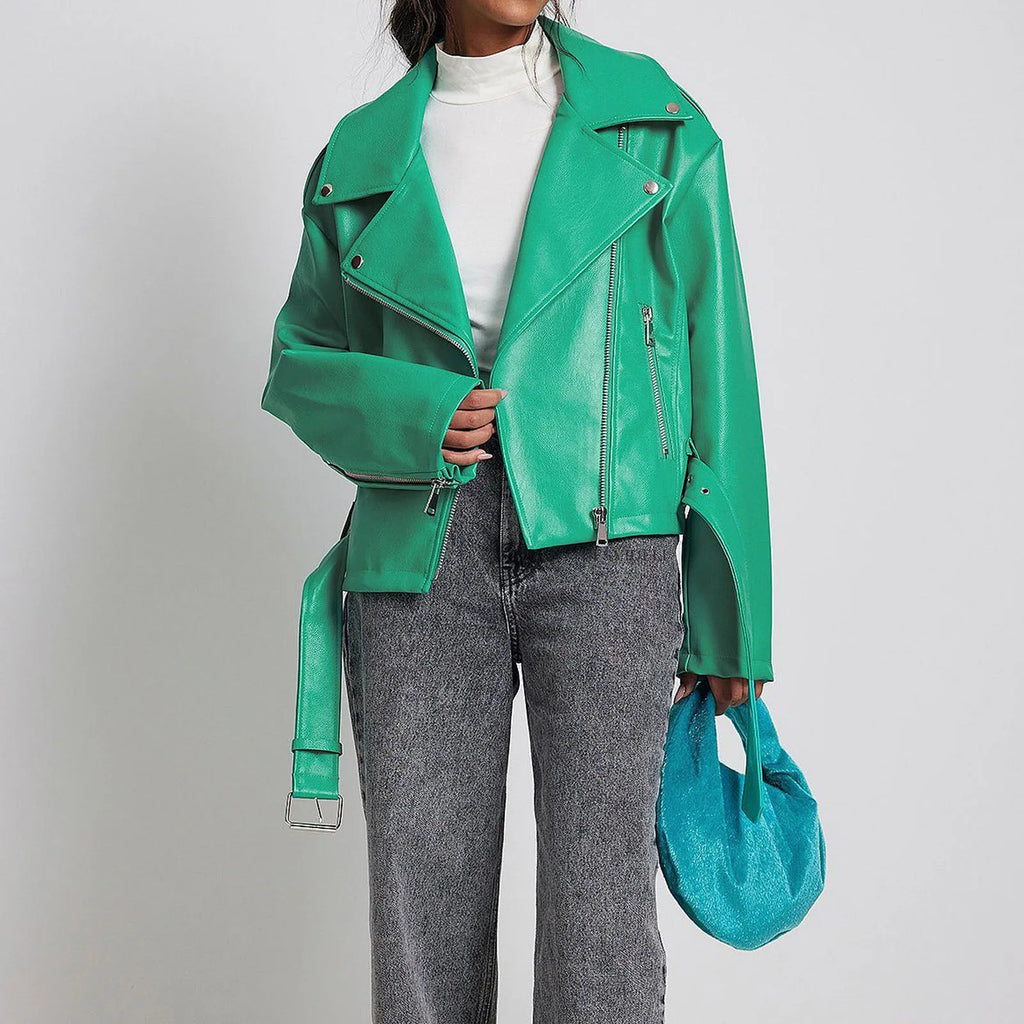 Punk style black leather jacket with Peter Pan collar, short belt, and drawstring waist.
