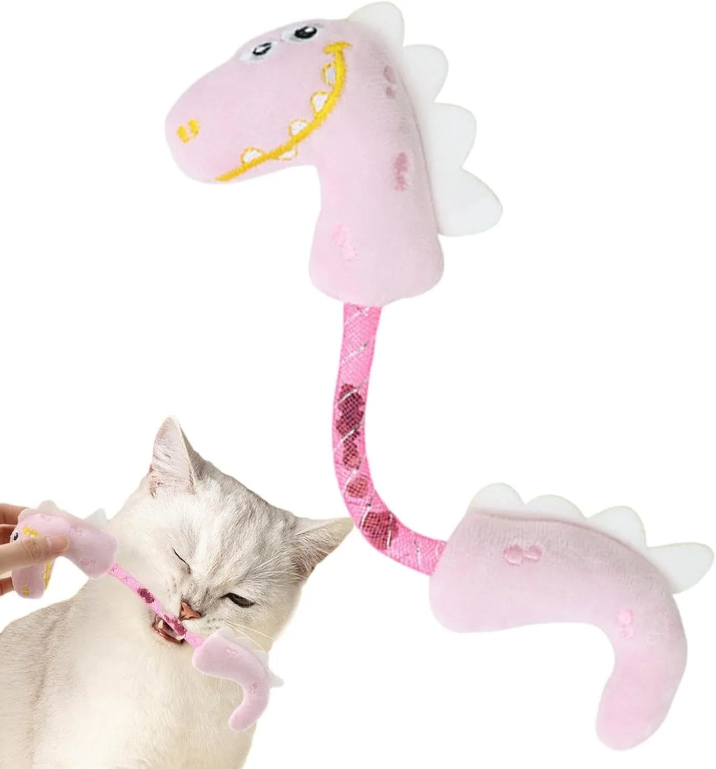 Set of four cat toys: catnip rope toys, springs, plush fish, mouse, and bunny designs in pink, purple, yellow
