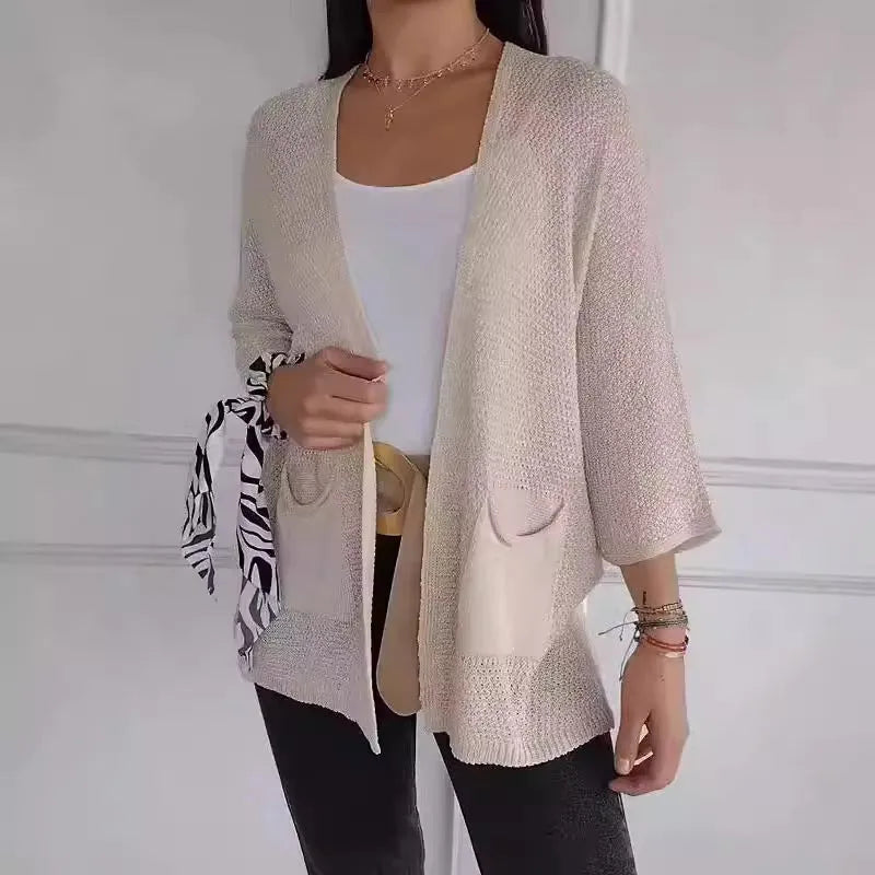 Women's waffle texture cardigan coat with nine-quarter length sleeves in army green colour