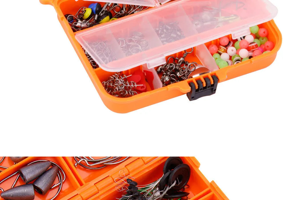 Weihe 257-piece fishing lure accessories kit in orange or black ABS organiser box.