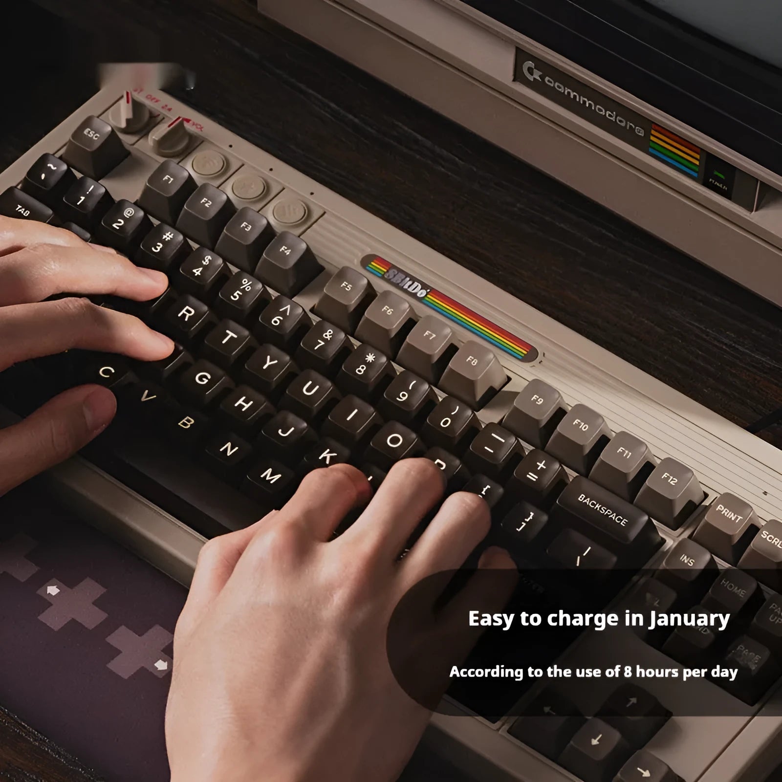 Retro87 C64 wireless Bluetooth mechanical gaming keyboard with rocker control on desk