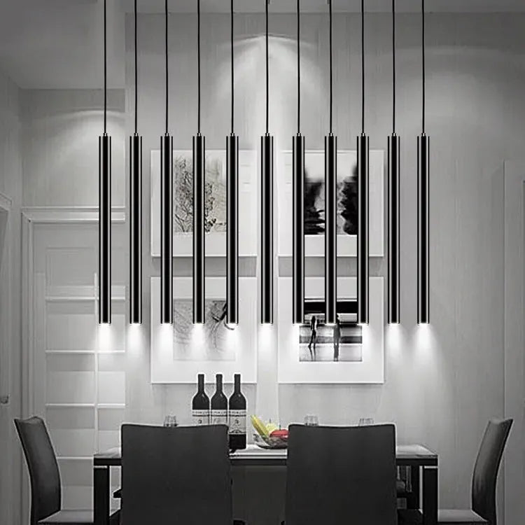 Long-tube suspended ceiling lamp in black aluminium alloy with iron pendant, single head design, adjustable height 1m