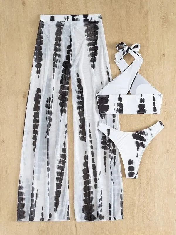 Three-piece swimsuit bikini set with mesh trousers in quick-drying polyester fabric