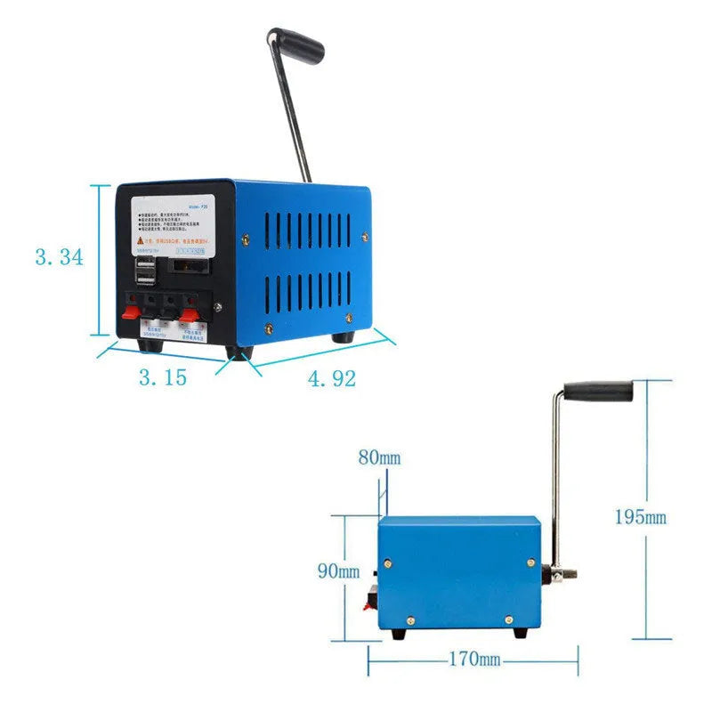 Blue metal hand crank emergency power generator with USB port, shown with user manual.