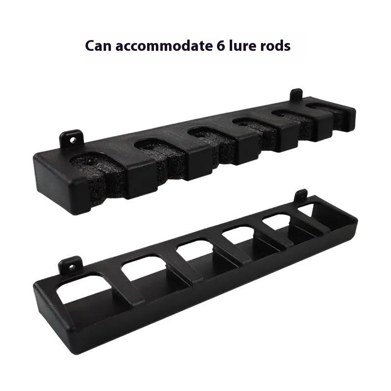 Black ABS plastic wall-mounted fishing rod holder for upright or horizontal storage.