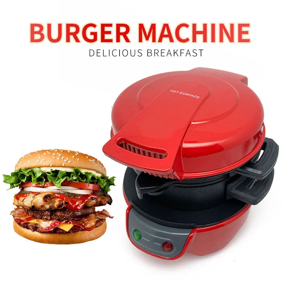 Bright red breakfast sandwich maker machine with egg cooker ring and waffle function