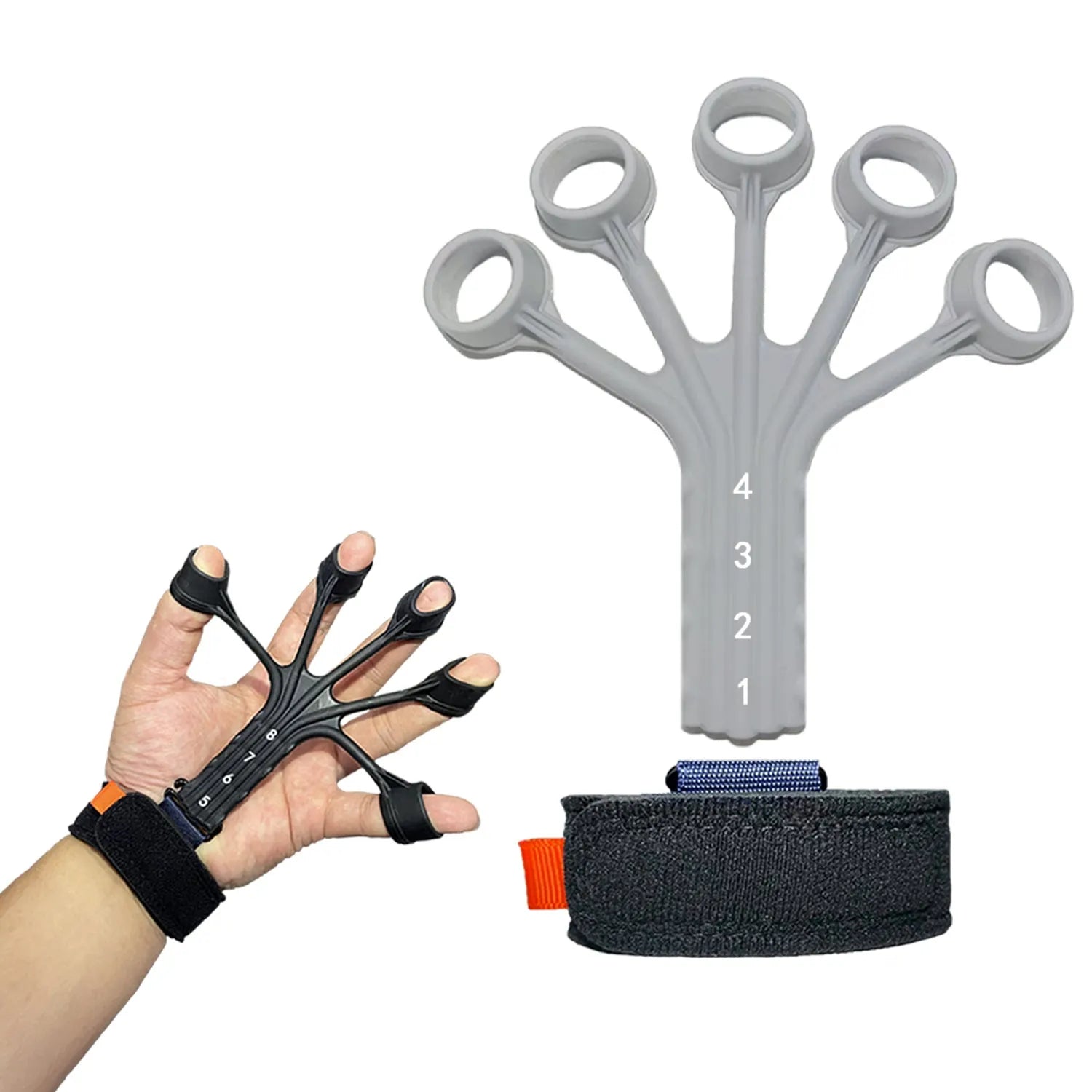 Silicone finger flexion and extension rehabilitation trainer with adjusting belt.