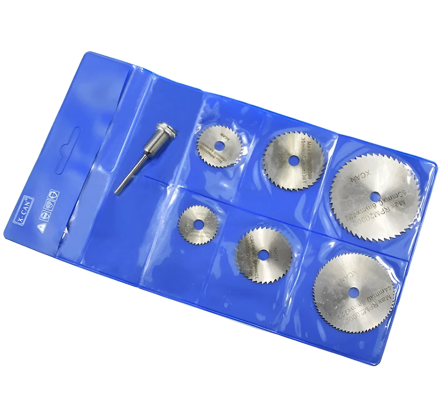 Six small circular saw blades on a mandrel for woodworking, made from high-speed steel.