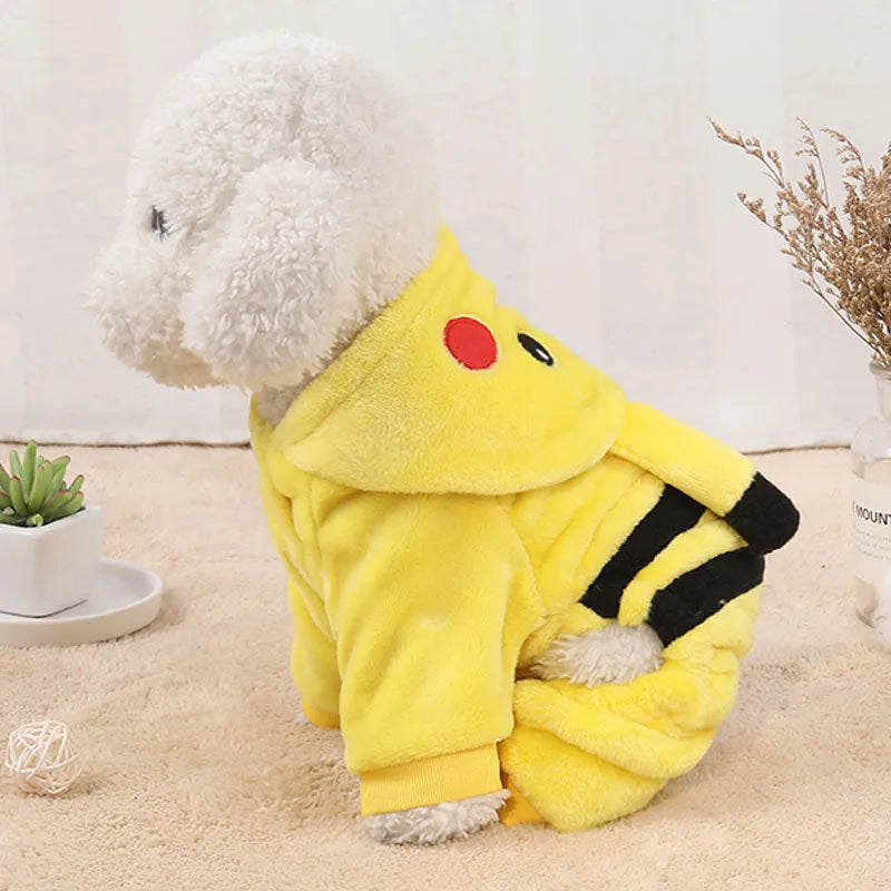 Fleece cat coat with hoodie design in cartoon cosplay style for small to medium pets
