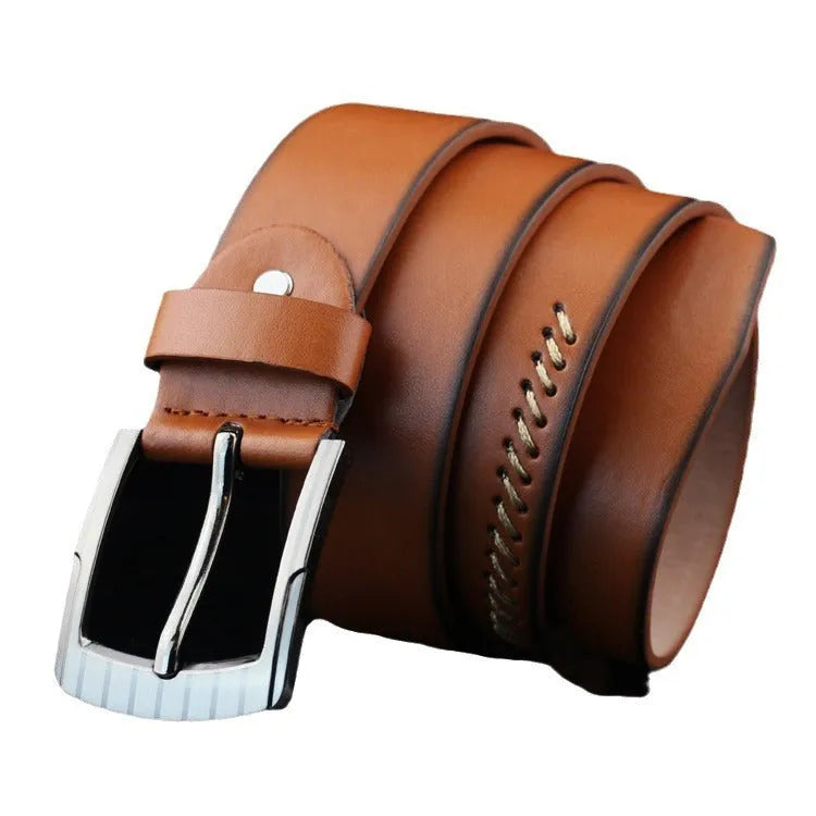 Men's black threading pattern casual belt with alloy pin buckle, laid flat showing 110cm length