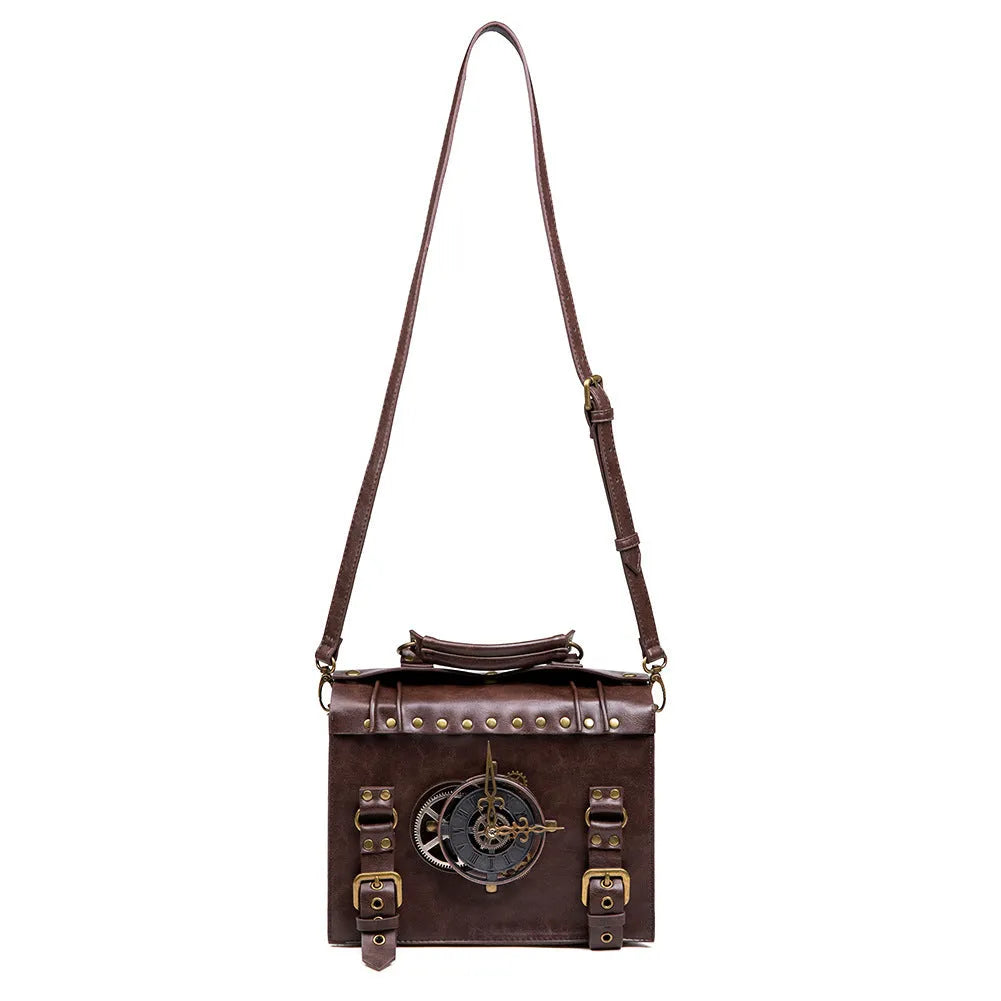 Bronze steampunk shoulder bag with metal detailing and horizontal pillow shape