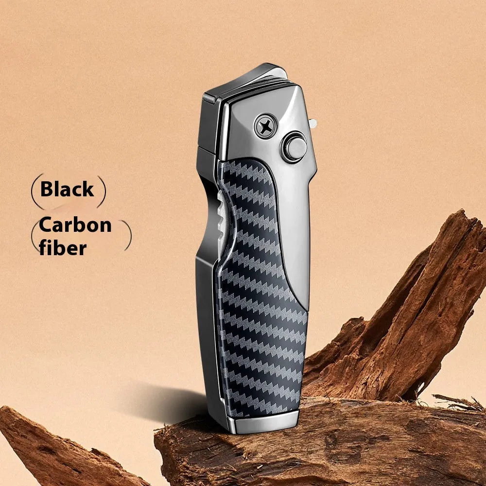 Zinc alloy folding lighter with jet flame and knife functions in closed position