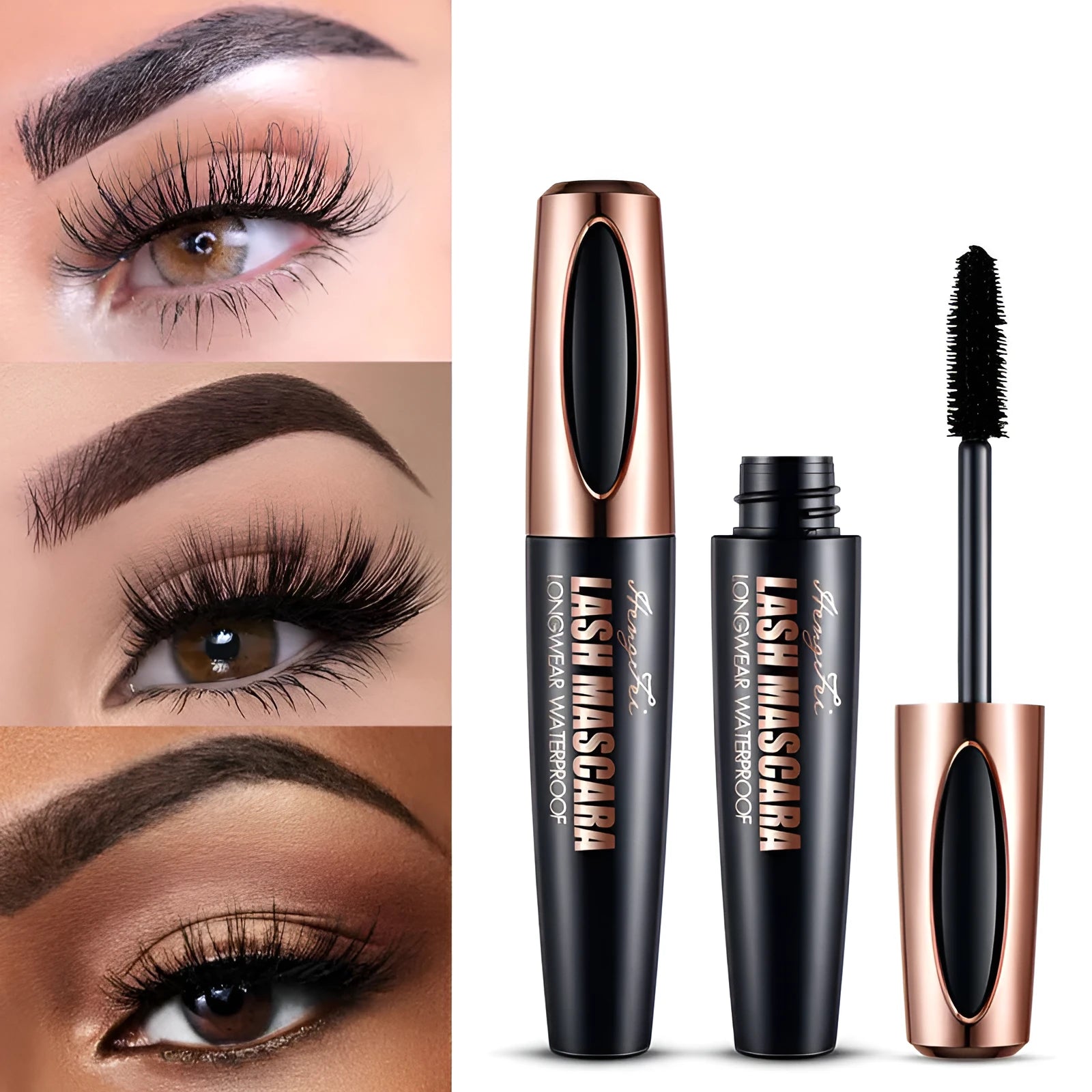 Black waterproof mascara tube that creates thick, long, curling lashes without smudging