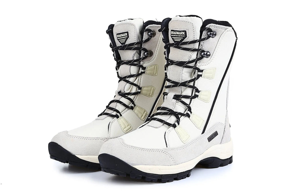 Women's black genuine leather mid-calf snow boots with round toe and rubber sole