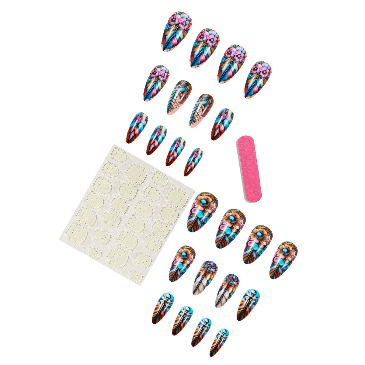 Colourful feather wear armor nail art set with jelly glue burnishing stick featuring retro designs