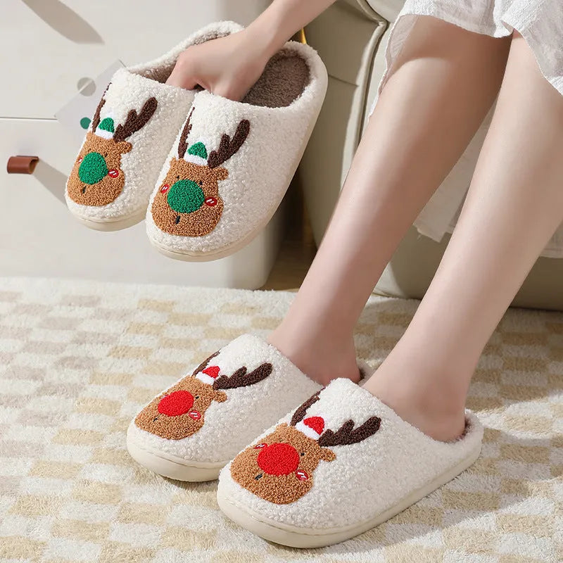 Christmas winter home slippers with elk totem design, plush upper, anti-slip sole, in red and green
