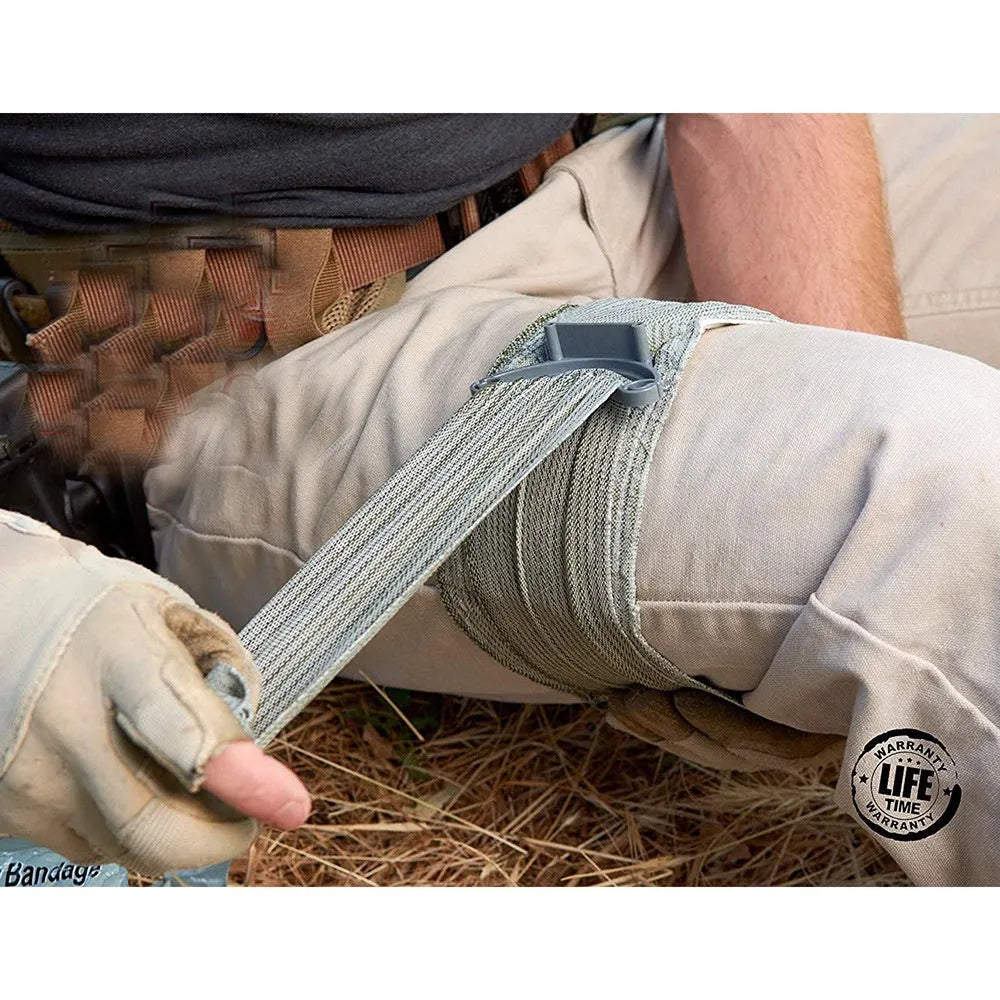 Packaged tactical hemostatic bandage roll for outdoor first aid, showing 4-inch and 6-inch size options.