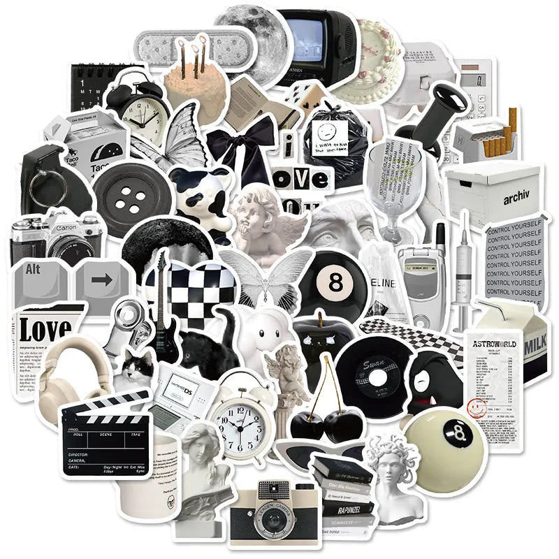 61 black and white waterproof PVC stickers for laptops and phones on a sheet.