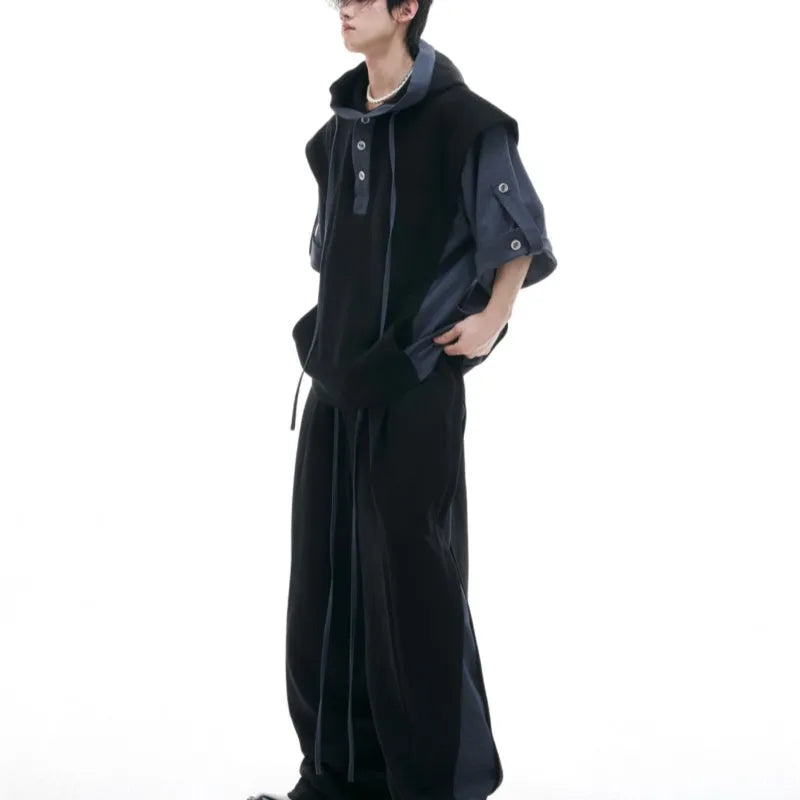 Men's black heavy industry sports leisure suit with hooded three-dimensional stitching short sleeve jacket and matching trousers