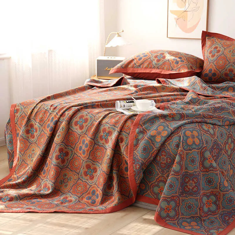 Cotton gauze bed blanket three-piece set with plant and flower pattern design