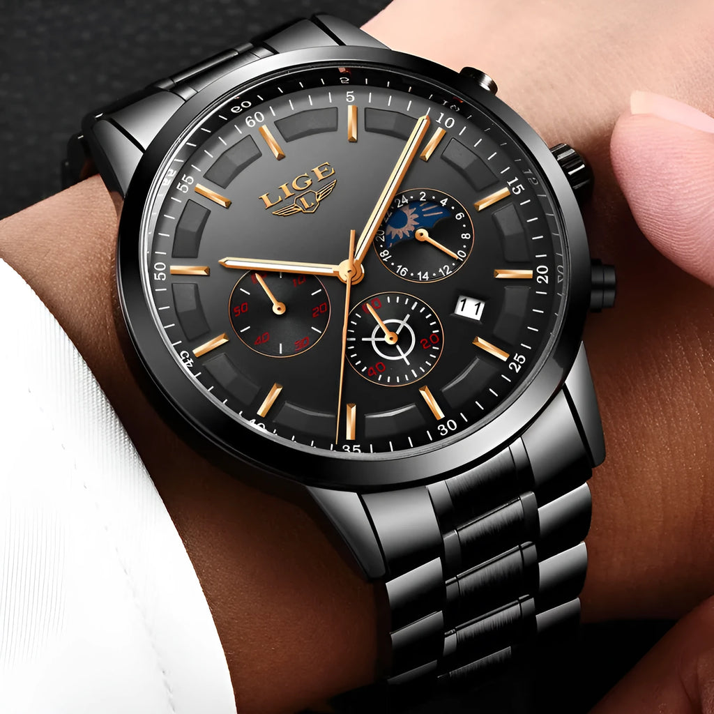 Men's black and rose gold waterproof sports watch with a quartz movement on a wrist.