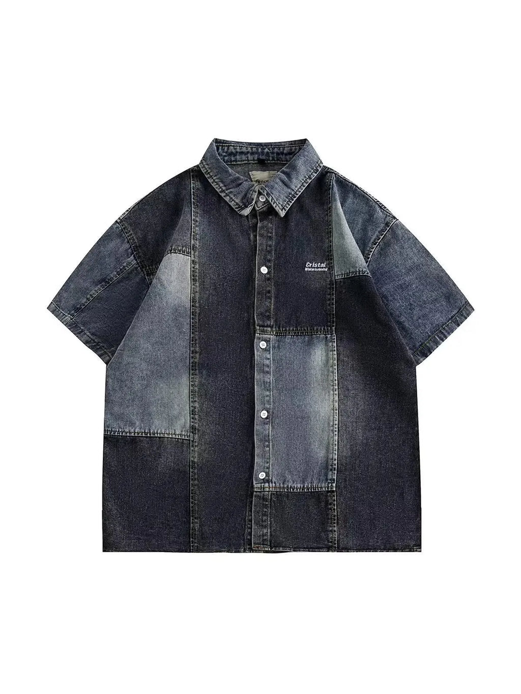 Blue loose-fit men's denim shirt cardigan with washed stitching and a Japanese retro style.