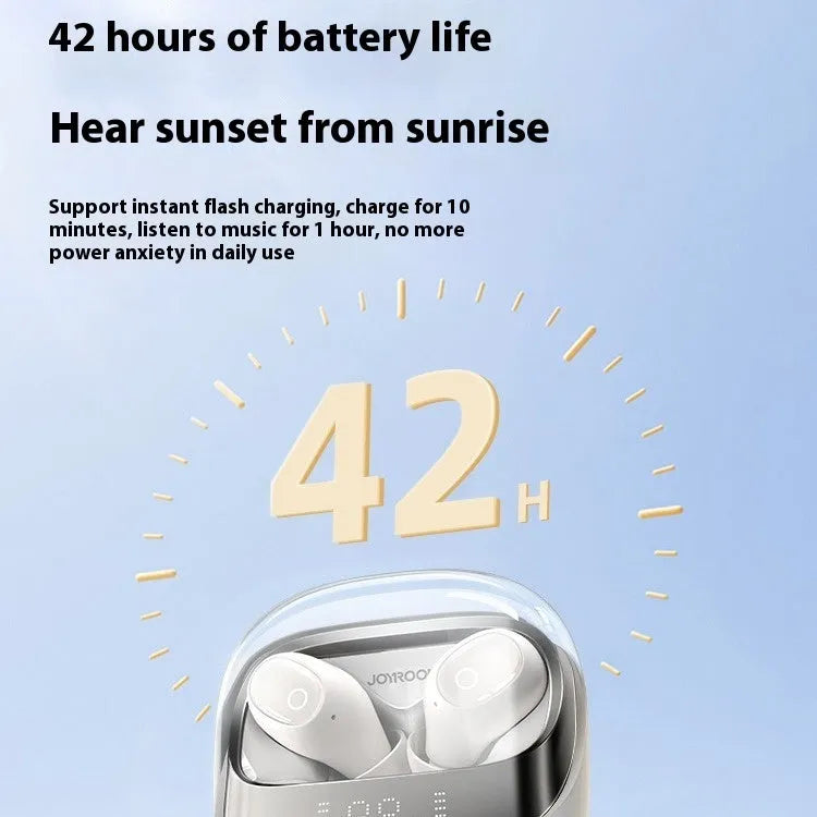 Dawn White wireless Bluetooth earbuds with charging case on a table