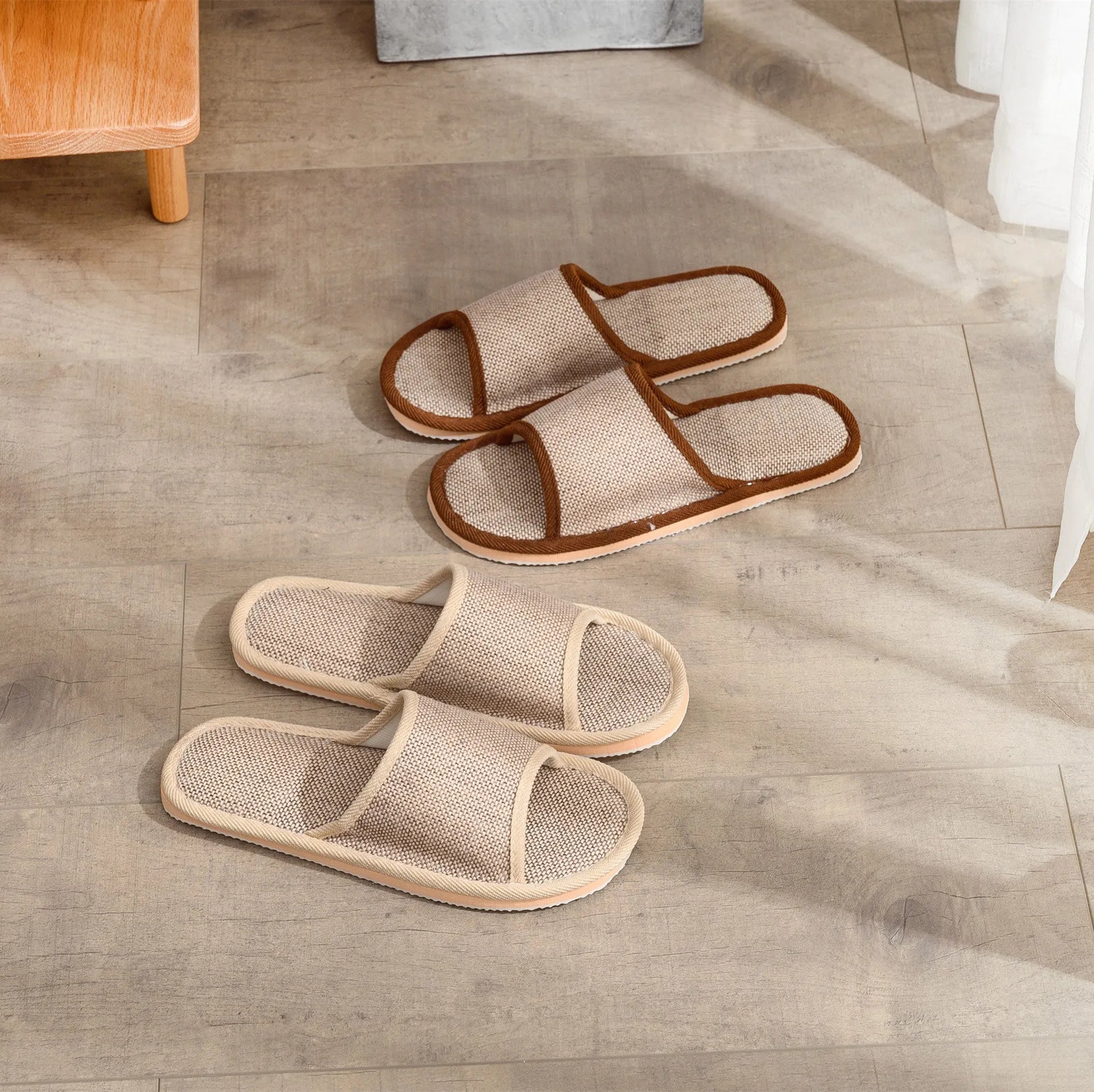 Women's cotton and linen open toe thickened slippers in dark coffee colour on a light background