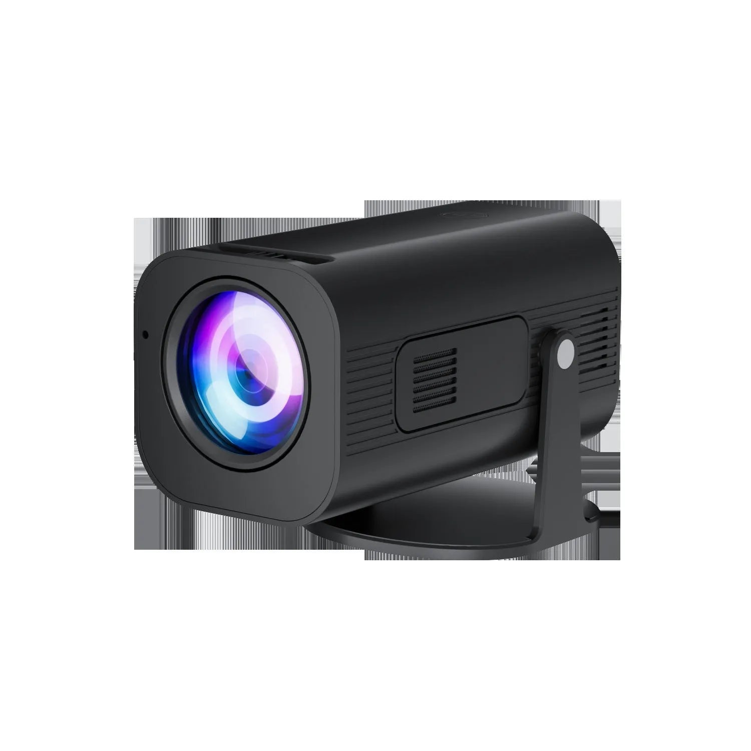 P330 black and white portable mini projector on a table with remote control.