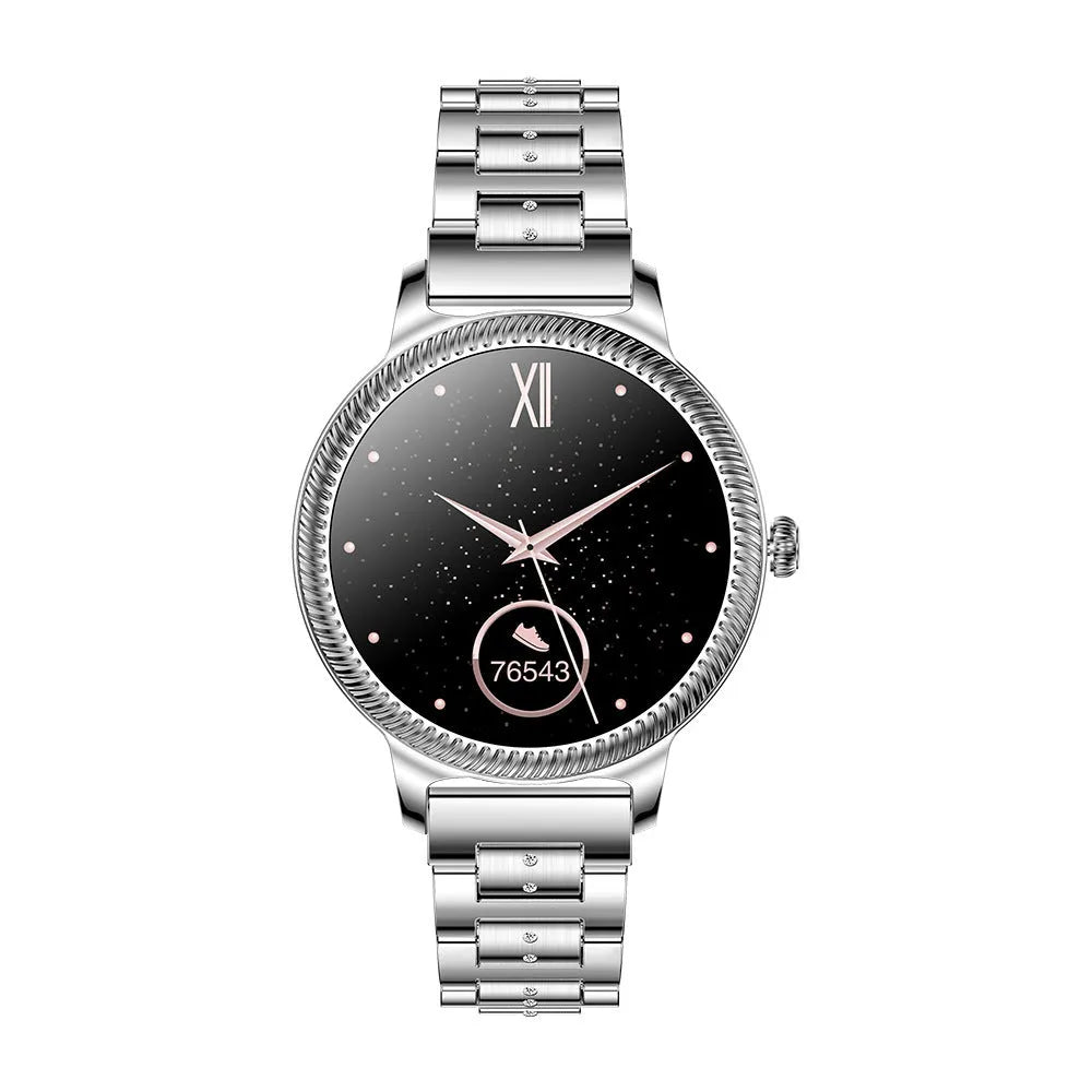 AK38 ladies smart watch with stainless steel band showing on wrist, screen displaying time.
