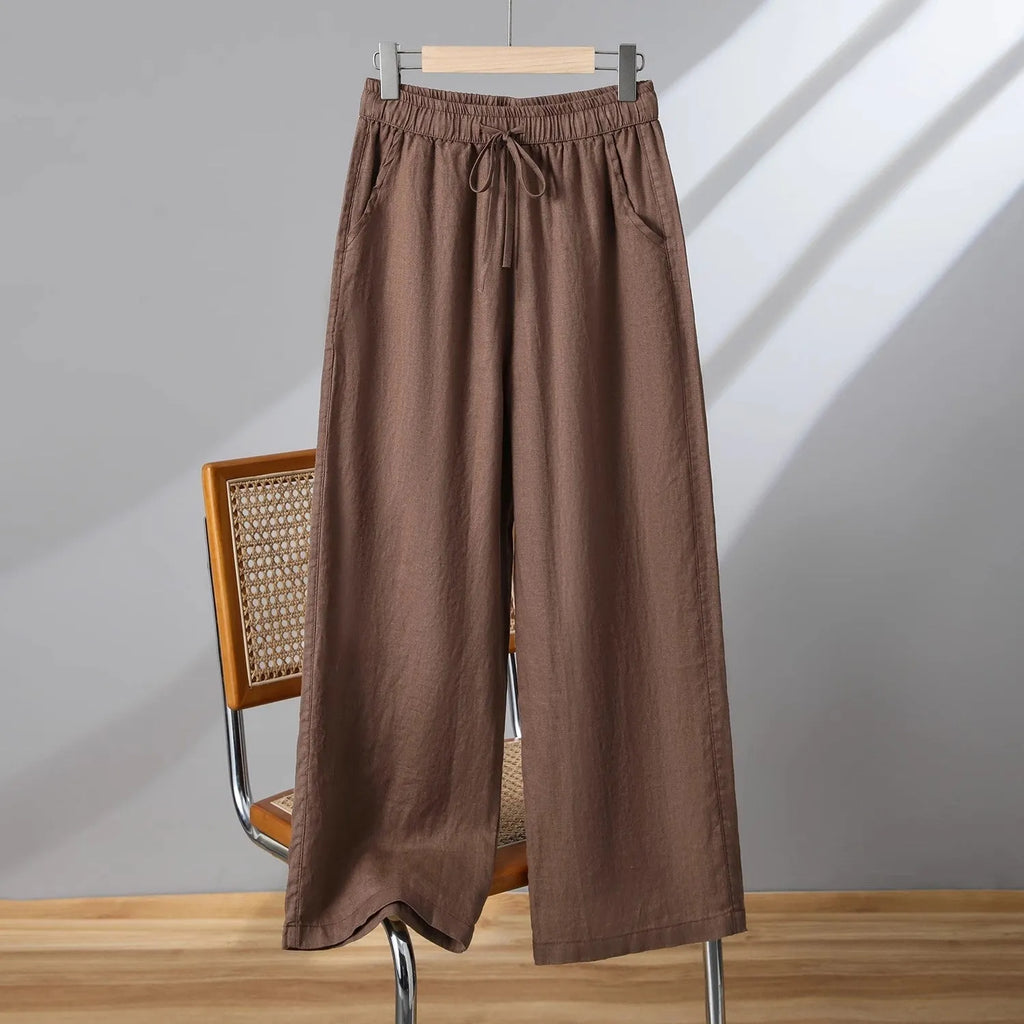 Women's straight-leg casual trousers with elastic waist and front drawstring tie in four colour options