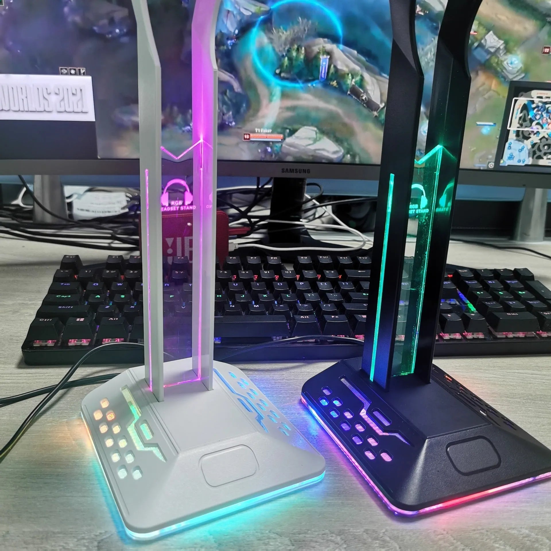 RGB headphone display stand with dual USB ports and colour changing lights on a desk