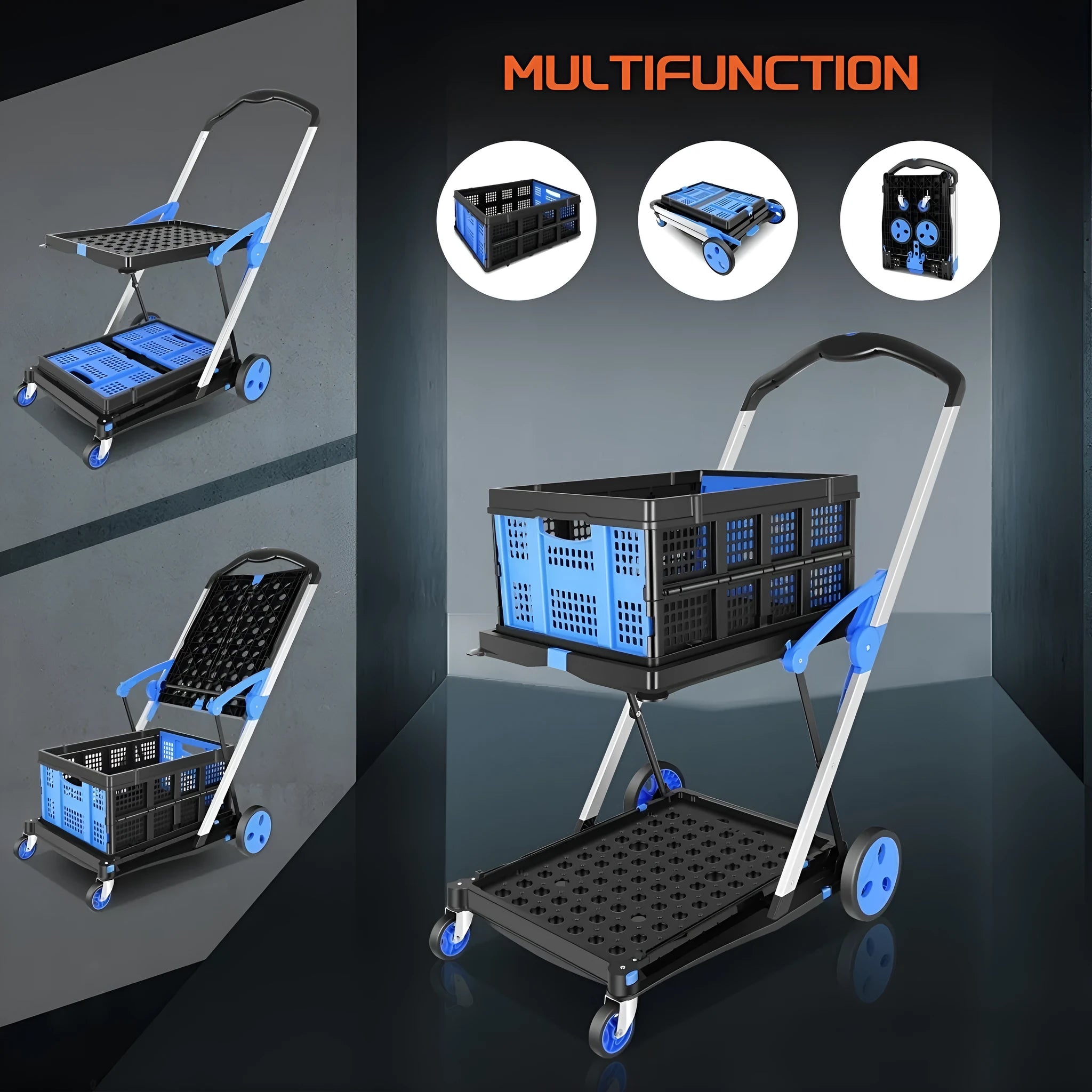 Foldable plastic shopping cart with double-layer basket in blue colour option