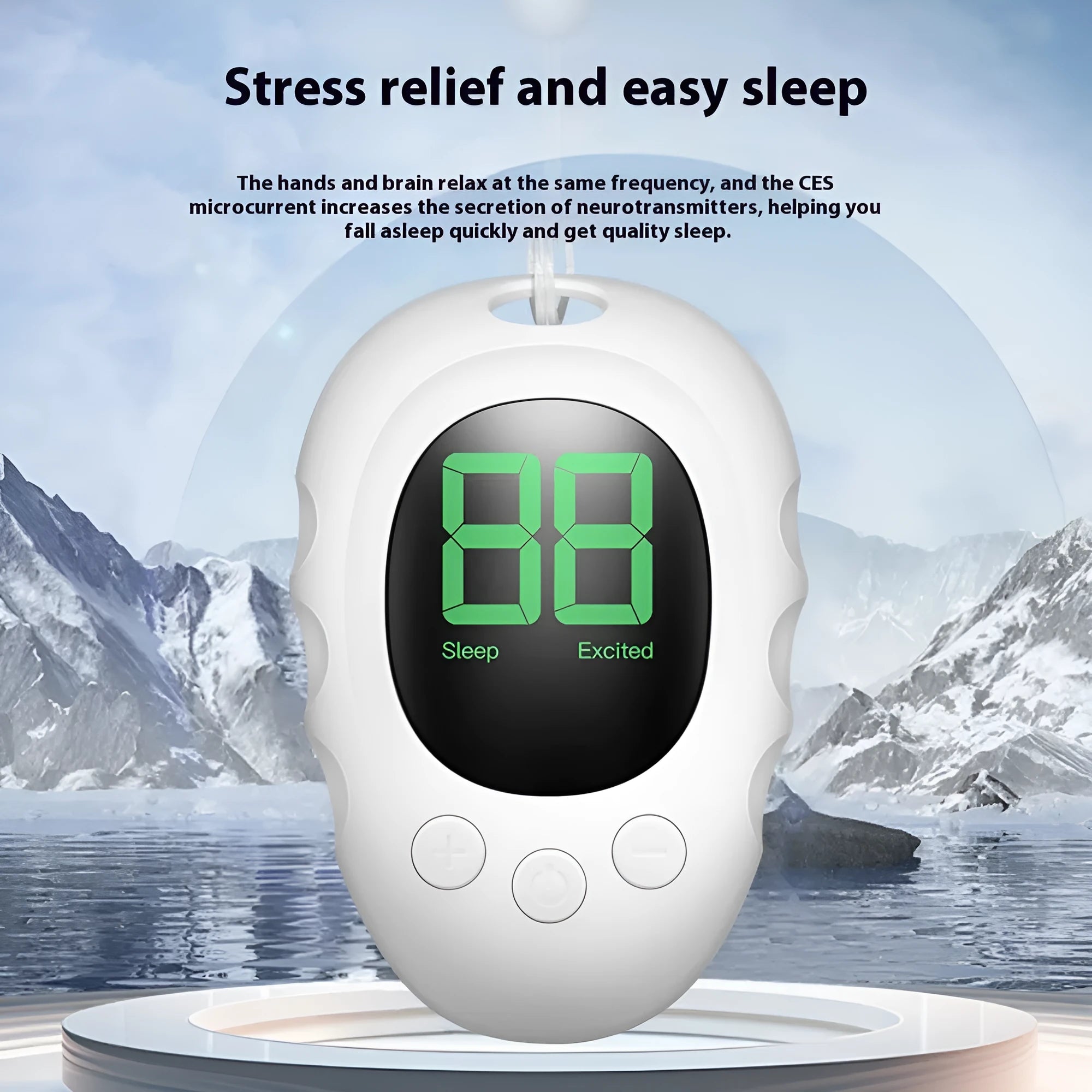 Rechargeable silicone sleep aid hand grip monitor with remote control in white, black, or green.