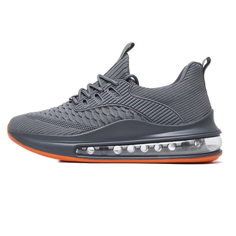 Men's black mesh low-top running shoes with white rubber sole on a plain background.