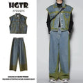 Spray colour gradient distressed sleeveless vest and matching jeans suit set with fleece lining