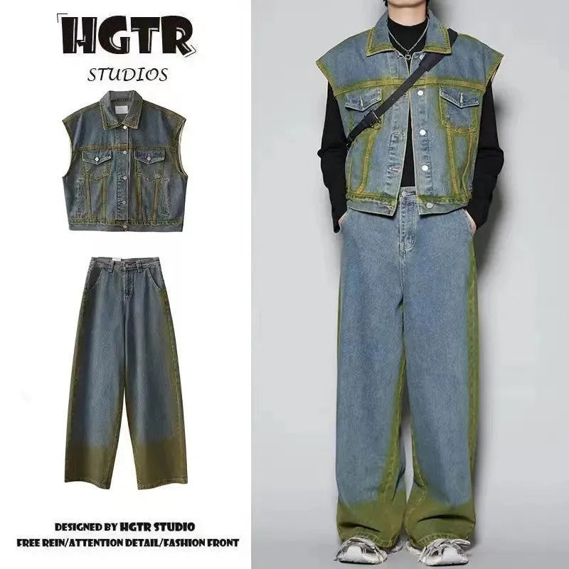 Spray colour gradient distressed sleeveless vest and matching jeans suit set with fleece lining